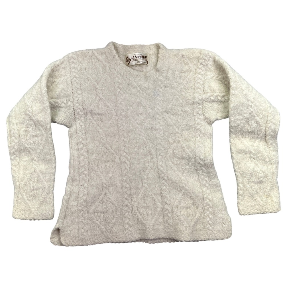 La Vicunita Alpaca Sweater Cable Knit Pullover Soft Warm Ivory‎ Small